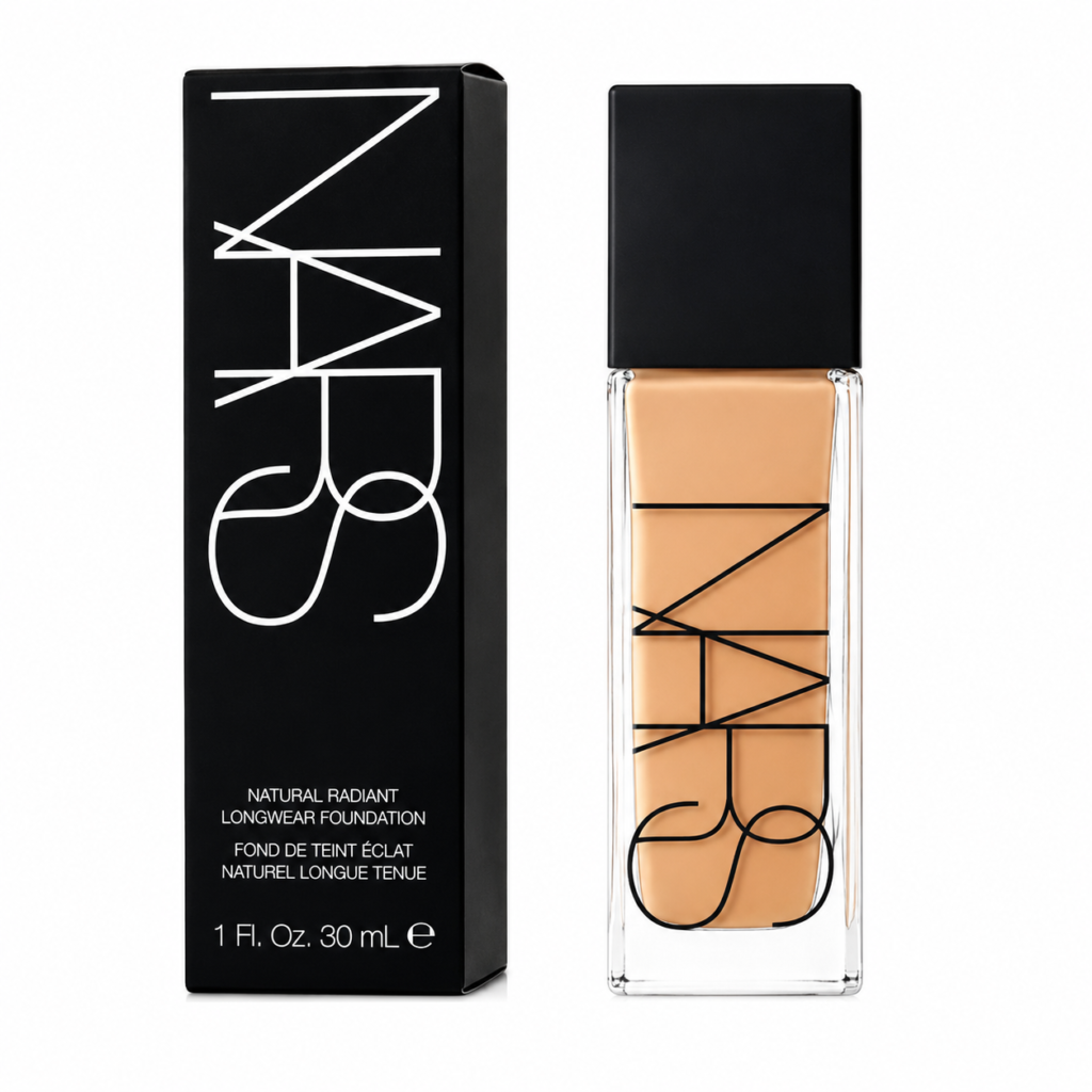NARS Natural Radiant Longwear Foundation bottle and packaging on a white background for medium to full coverage with a radiant natural finish