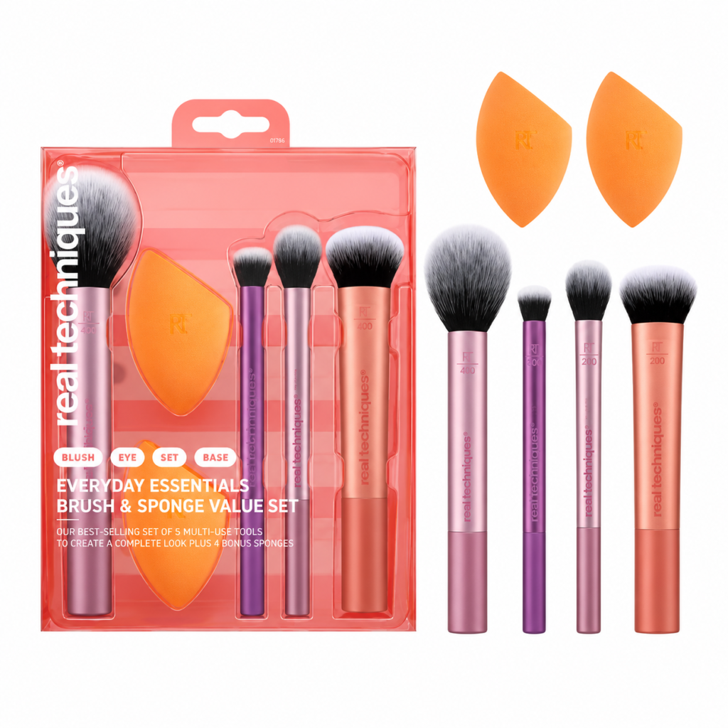 Real Techniques Everyday Essentials Brush and Sponge Value Set on a white background, 1:1 product image featuring makeup brushes and blending sponges for foundation, blush, powder, concealer, and eyeshadow application.