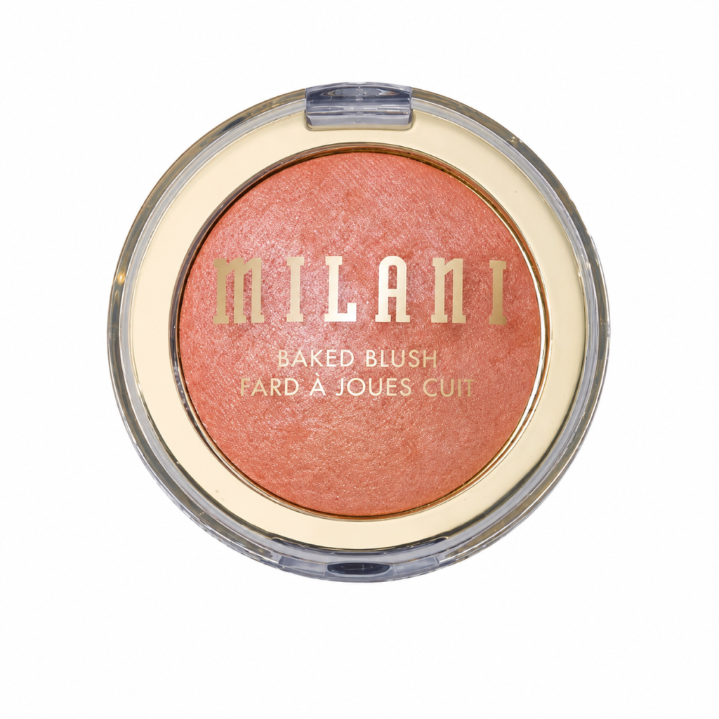 Milani Baked Blush compact on a white background, peach-pink baked powder blush with radiant shimmer in a square 1:1 product image for natural glowing cheeks.