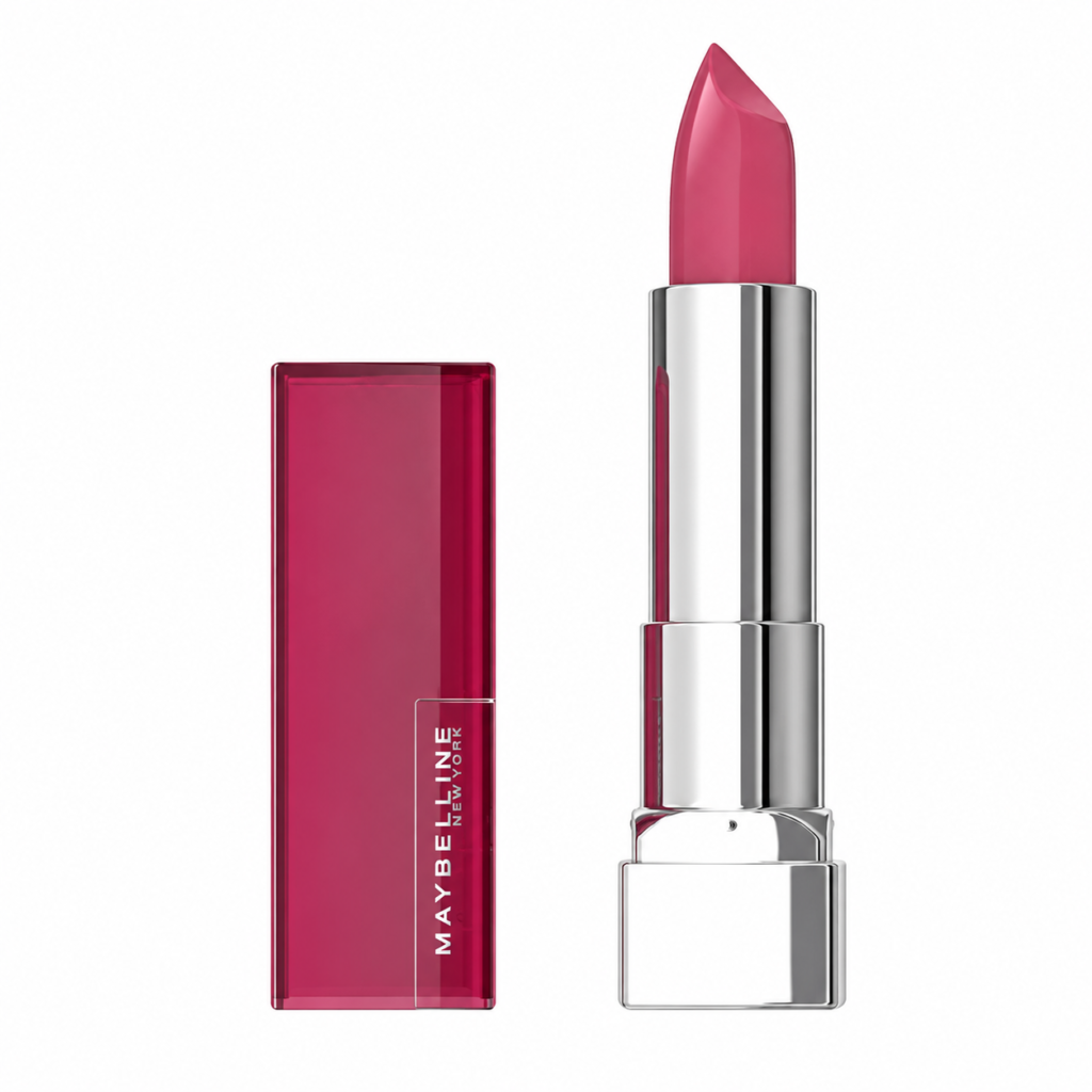 Maybelline Color Sensational lipstick with cap on a white background, 1:1 product image featuring a creamy pink lipstick for smooth, long-lasting color and everyday wear.