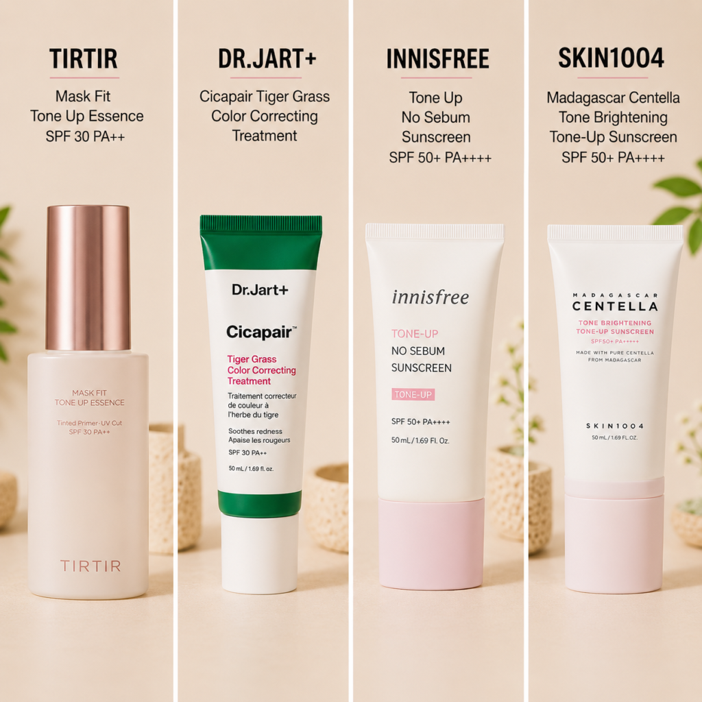 Best tone up cream foundation alternatives featuring TIRTIR Mask Fit Tone Up Essence, Dr. Jart+ Cicapair Tiger Grass Color Correcting Treatment, Innisfree Tone Up No Sebum Sunscreen, and SKIN1004 Madagascar Centella Tone Brightening Tone-Up Sunscreen for a natural, even complexion.