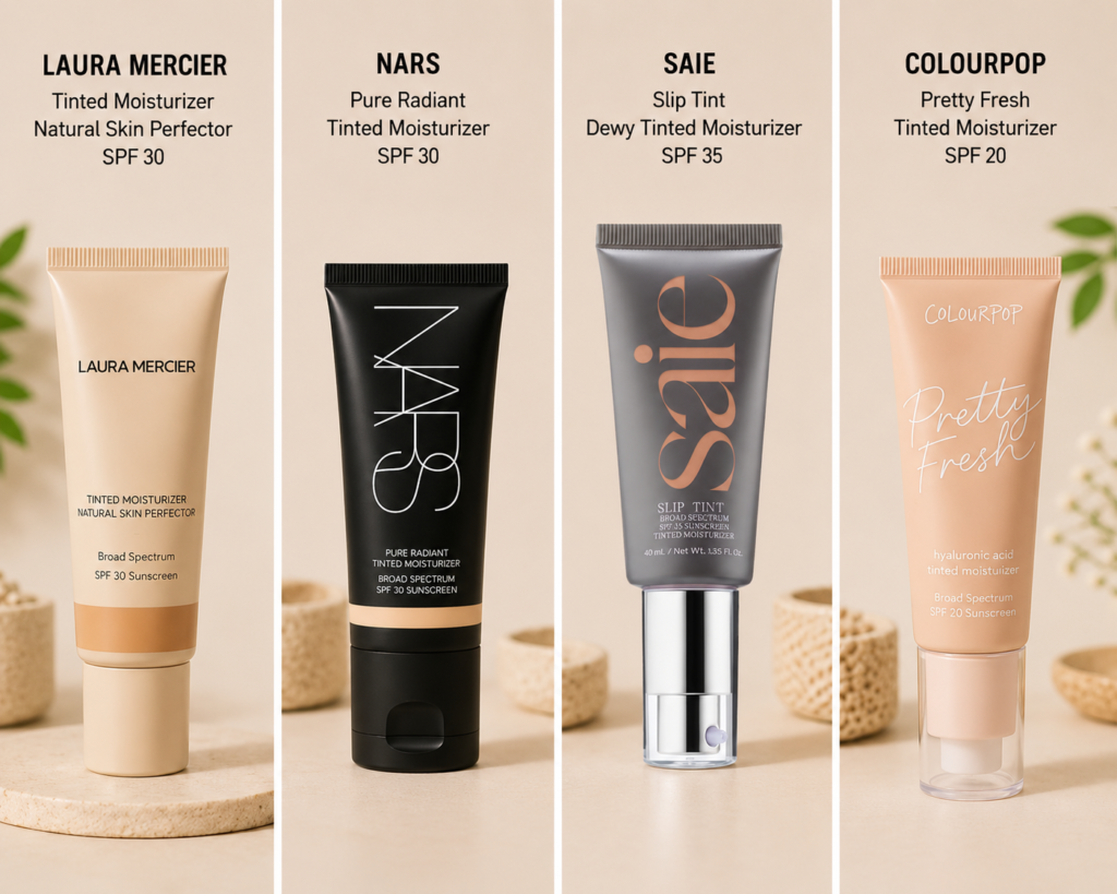 Four tinted moisturizers are compared side-by-side: Laura Mercier Tinted Moisturizer Natural Skin Perfector SPF 30, NARS Pure Radiant Tinted Moisturizer SPF 30, Saie Slip Tint Dewy Tinted Moisturizer SPF 35, and ColourPop Pretty Fresh Tinted Moisturizer SPF 20. The four cosmetic tubes are displayed on neutral stone coasters.