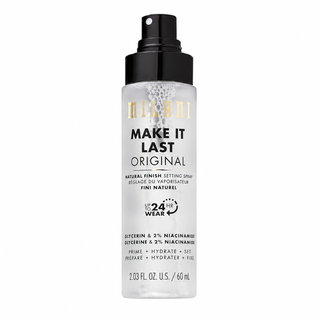 Milani Make It Last Original Setting Spray on a white background, 1:1 product image featuring a long-lasting makeup setting spray that primes, hydrates, and locks makeup in place for up to 24 hours.