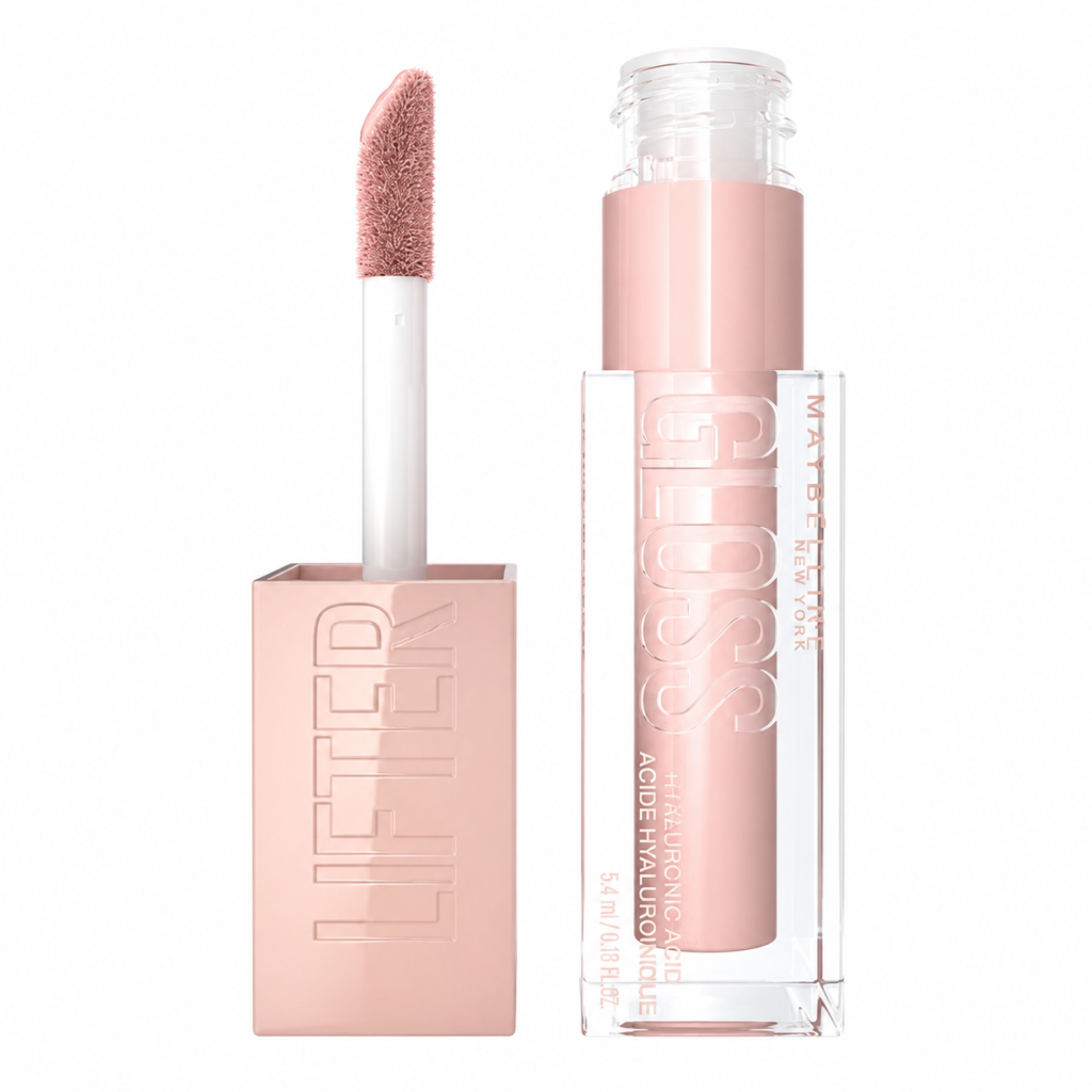 Maybelline Lifter Gloss with Hyaluronic Acid and oversized applicator on a white background, 1:1 product image featuring a hydrating, high-shine nude lip gloss for smooth, fuller-looking lips.