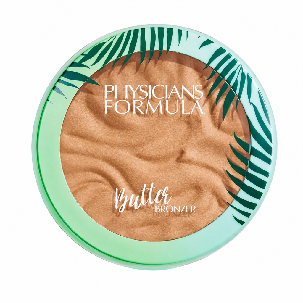 Physicians Formula Butter Bronzer pressed powder compact on a white background, 1:1 product image featuring a tropical design for a natural sun-kissed glow and smooth matte finish.