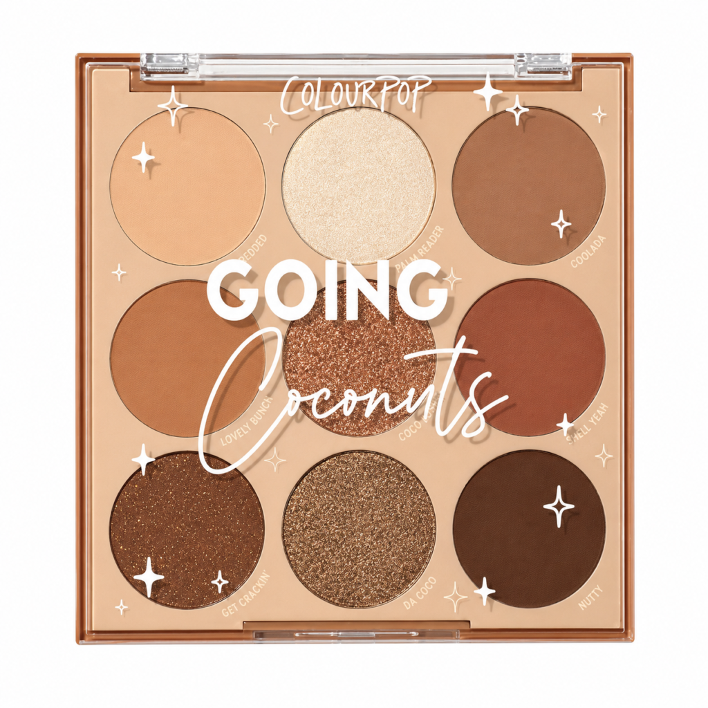 ColourPop Going Coconuts Eyeshadow Palette on a white background, 1:1 product image featuring nine warm neutral matte and shimmer eyeshadow shades for everyday natural makeup looks.