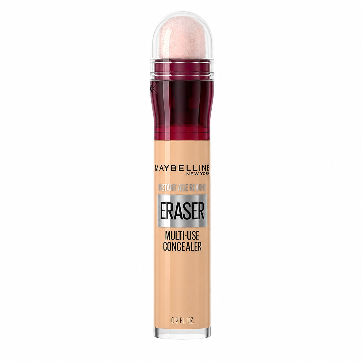 Maybelline Instant Age Rewind Eraser Multi-Use Concealer on white background, full-size 1:1 product image with sponge applicator for dark circles, blemishes, and full coverage makeup.
