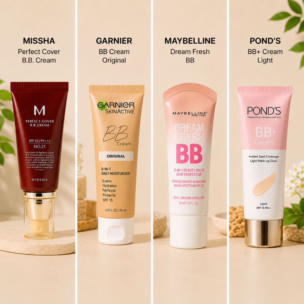 Best BB cream foundation alternatives featuring MISSHA Perfect Cover BB Cream, Garnier SkinActive BB Cream, Maybelline Dream Fresh BB Cream, and POND'S BB Cream for lightweight everyday makeup.