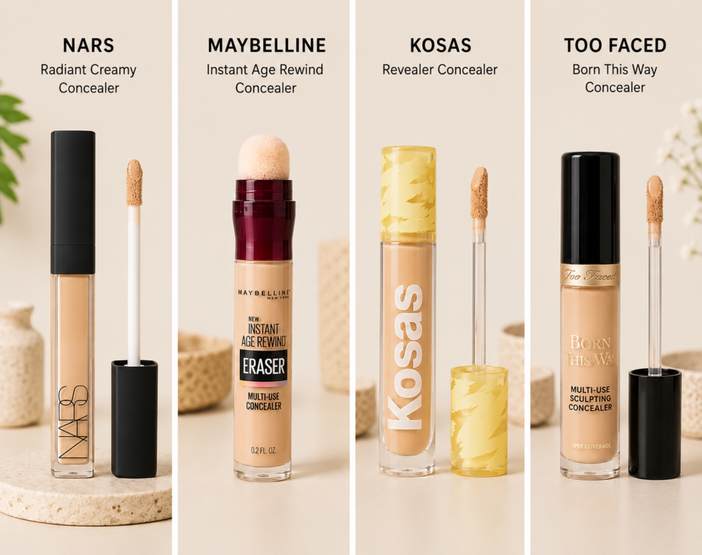 Best drugstore and high end concealers comparison featuring NARS Radiant Creamy Concealer, Maybelline Instant Age Rewind Concealer, Kosas Revealer Concealer, and Too Faced Born This Way Concealer on a clean beige background.