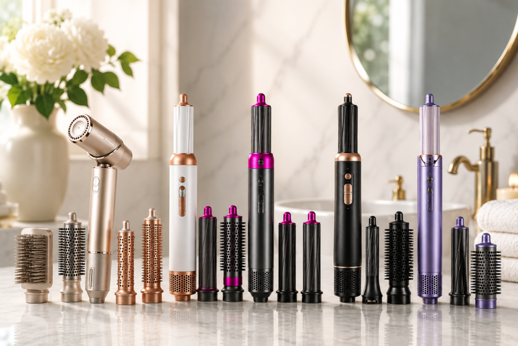 Best Dyson Dupes on Amazon featuring five affordable multi hair stylers with interchangeable attachments displayed on a luxury bathroom vanity.