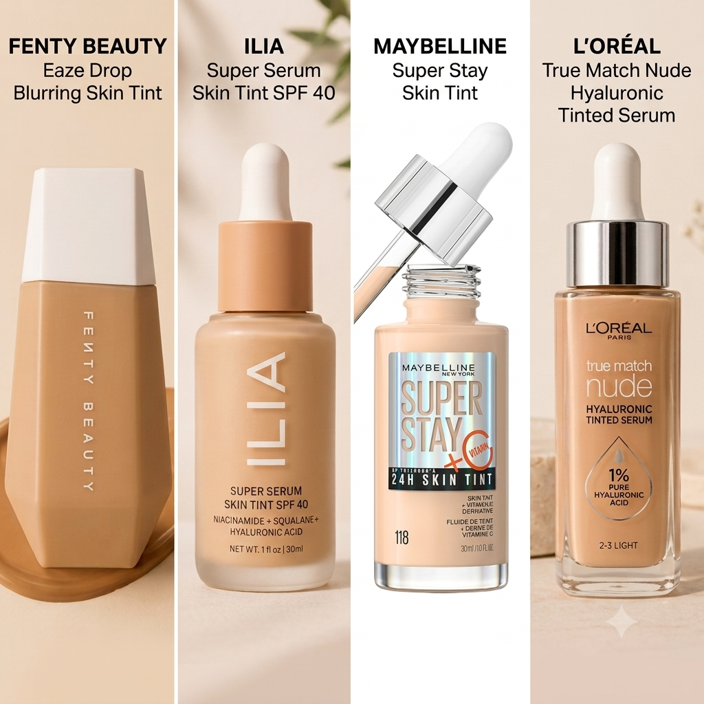 Product roundup of best skin tints including Fenty Beauty Eaze Drop Blurring Skin Tint, Ilia Super Serum Skin Tint with SPF, Maybelline Super Stay, and L'Oréal True Match Nude.