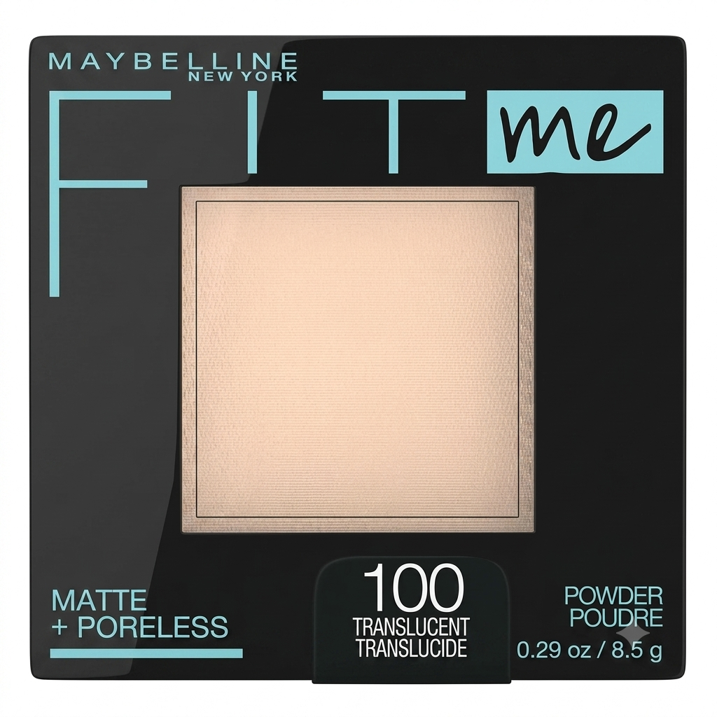 Maybelline Fit Me Matte + Poreless pressed powder, shade 100 Translucent, top-down view on white background
