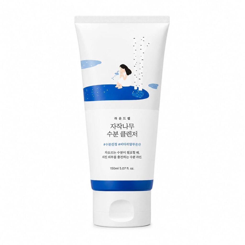 Round Lab Birch Juice Moisturizing Cleanser tube with hydrating birch sap and hyaluronic acid for gentle daily cleansing and dry, sensitive skin