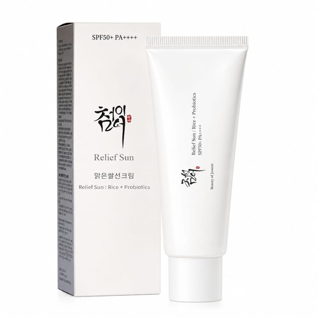 Beauty of Joseon Relief Sun Rice + Probiotics SPF 50+ PA++++ sunscreen with product box on a white background – lightweight Korean sunscreen for daily UV protection and glowing skin.
