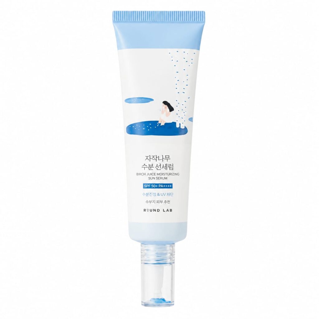 Round Lab Birch Juice Moisturizing Sun Serum SPF 50+ PA++++ on a white background – lightweight Korean sunscreen for daily UV protection, hydration, and glowing skin.