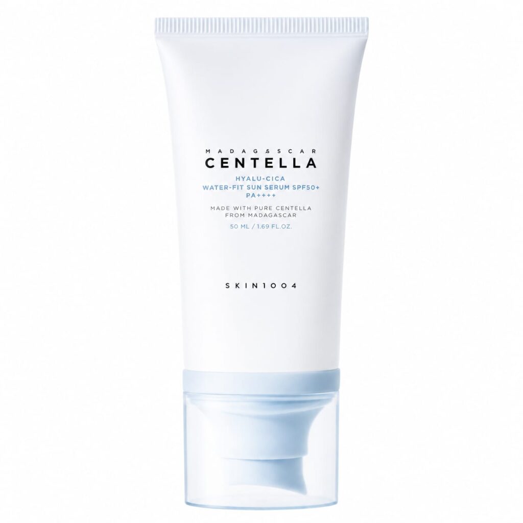SKIN1004 Madagascar Centella Hyalu-Cica Water-Fit Sun Serum SPF 50+ PA++++ on a white background – lightweight Korean sunscreen for daily UV protection, hydration, and sensitive skin.
