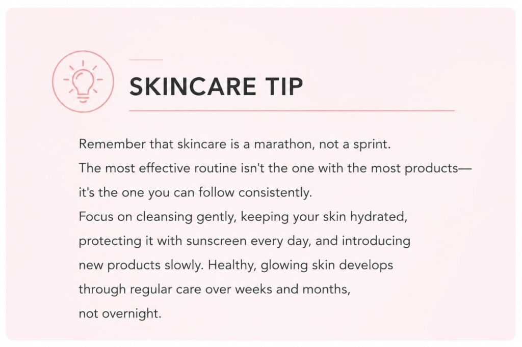 Minimalist skincare tip infographic on a soft pink background with expert advice on building a consistent Korean skincare routine for healthy, glowing skin.