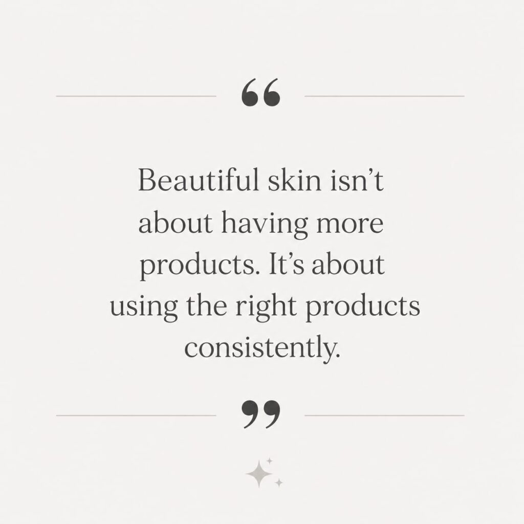 Minimalist skincare quote on a light gray background reminding readers that healthy, glowing skin comes from using the right skincare products consistently.