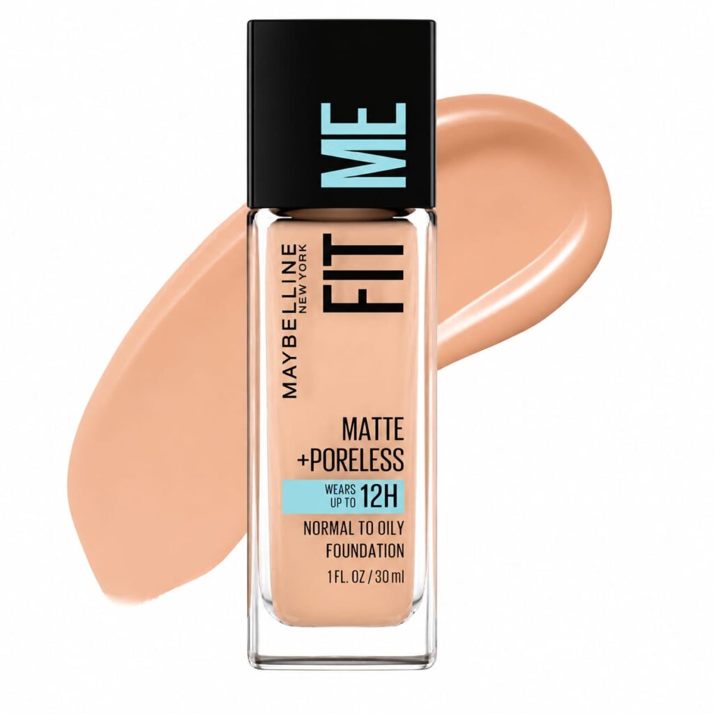Maybelline Fit Me Matte and Poreless Foundation on a white background, lightweight foundation for normal to oily skin and one of the best makeup products for beginners in 2026.