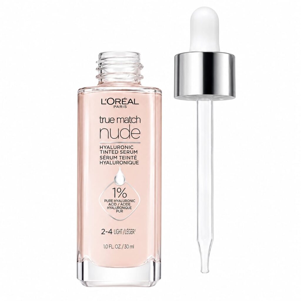 L'Oréal Paris True Match Nude Hyaluronic Tinted Serum foundation on a white background, lightweight hydrating foundation for dry skin and beginners in 2026.