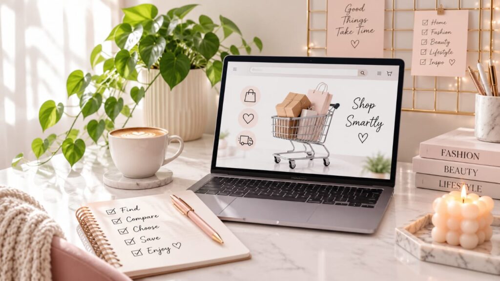 Affiliate Disclosure workspace for Findora Finds with laptop and shopping inspiration