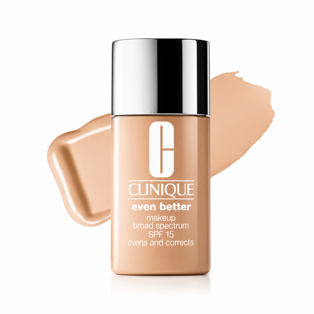 Clinique Even Better Makeup Foundation SPF 15 bottle with foundation swatch on a white background, featuring medium coverage for a natural, even-looking complexion.
