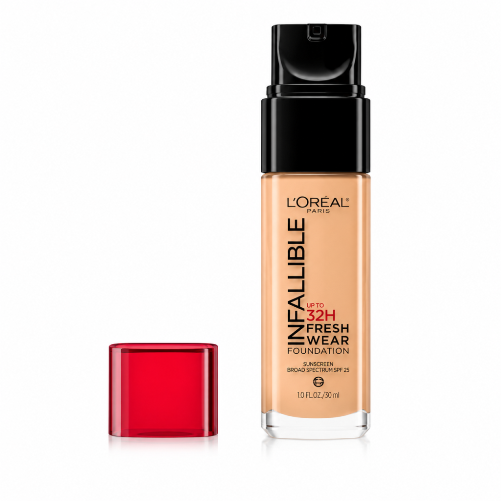 L'Oréal Paris Infallible 32H Fresh Wear Foundation bottle with red cap on a white background, featuring long-lasting full coverage with a natural-looking finish.