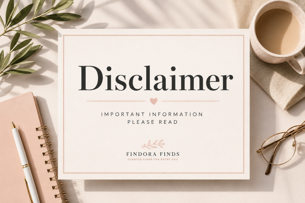 Disclaimer page for Findora Finds explaining website content, affiliate links, liability limitations, and general information.