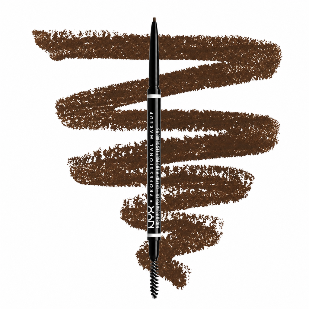 NYX Professional Makeup Micro Brow Pencil in brunette with spoolie brush on a white background, precision eyebrow pencil for shaping, defining, and filling sparse brows with natural-looking color.
