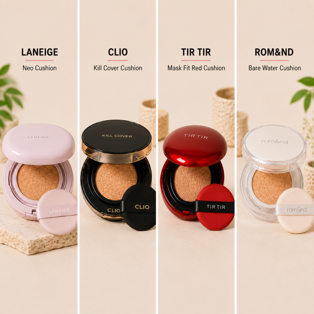 Best cushion foundation alternatives featuring Laneige Neo Cushion, CLIO Kill Cover Cushion, TIRTIR Mask Fit Red Cushion, and rom&nd Bare Water Cushion for lightweight, natural-looking coverage.