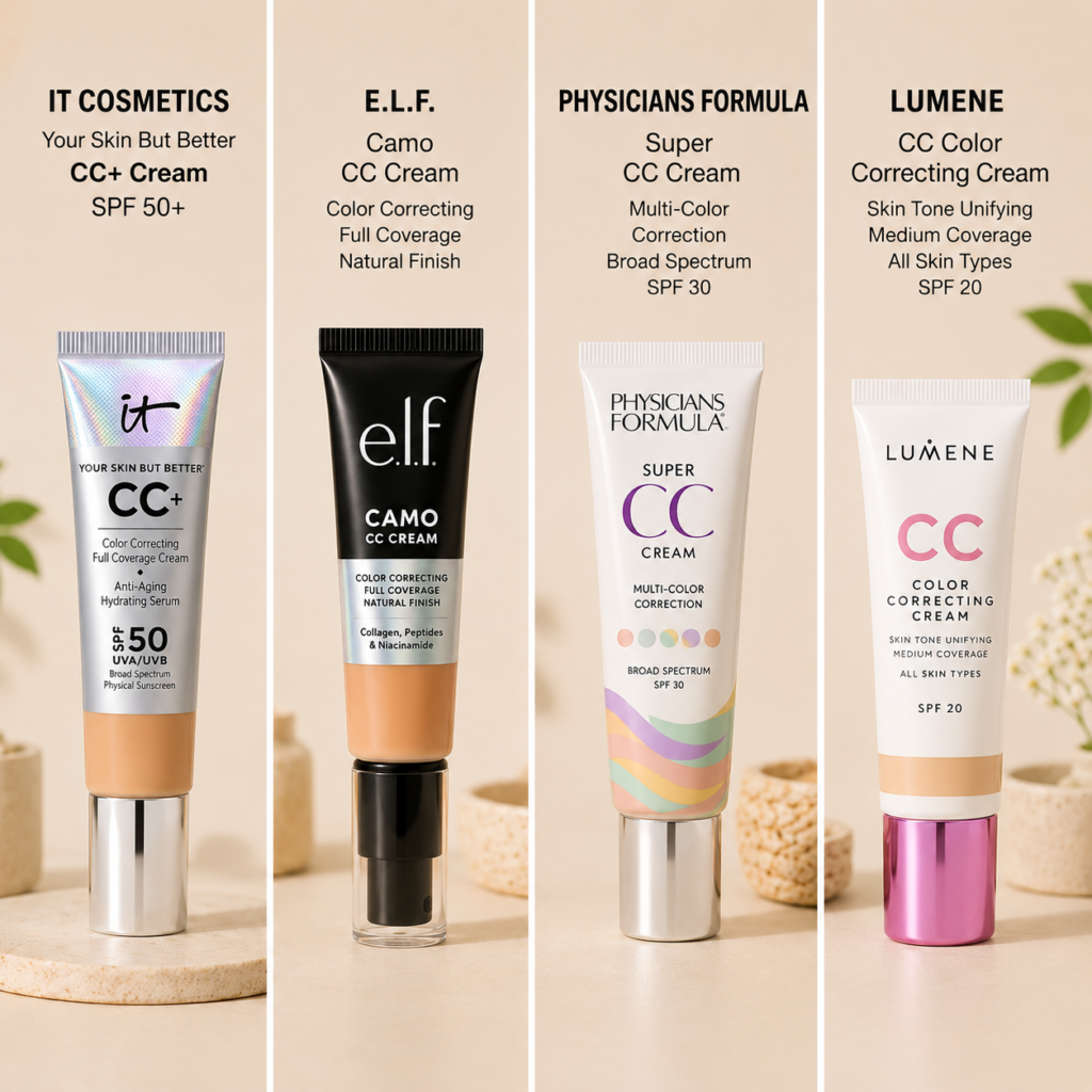 Best CC cream foundation alternatives featuring IT Cosmetics Your Skin But Better CC+ Cream, e.l.f. Camo CC Cream, Physicians Formula Super CC Cream, and Lumene CC Color Correcting Cream for natural everyday makeup.