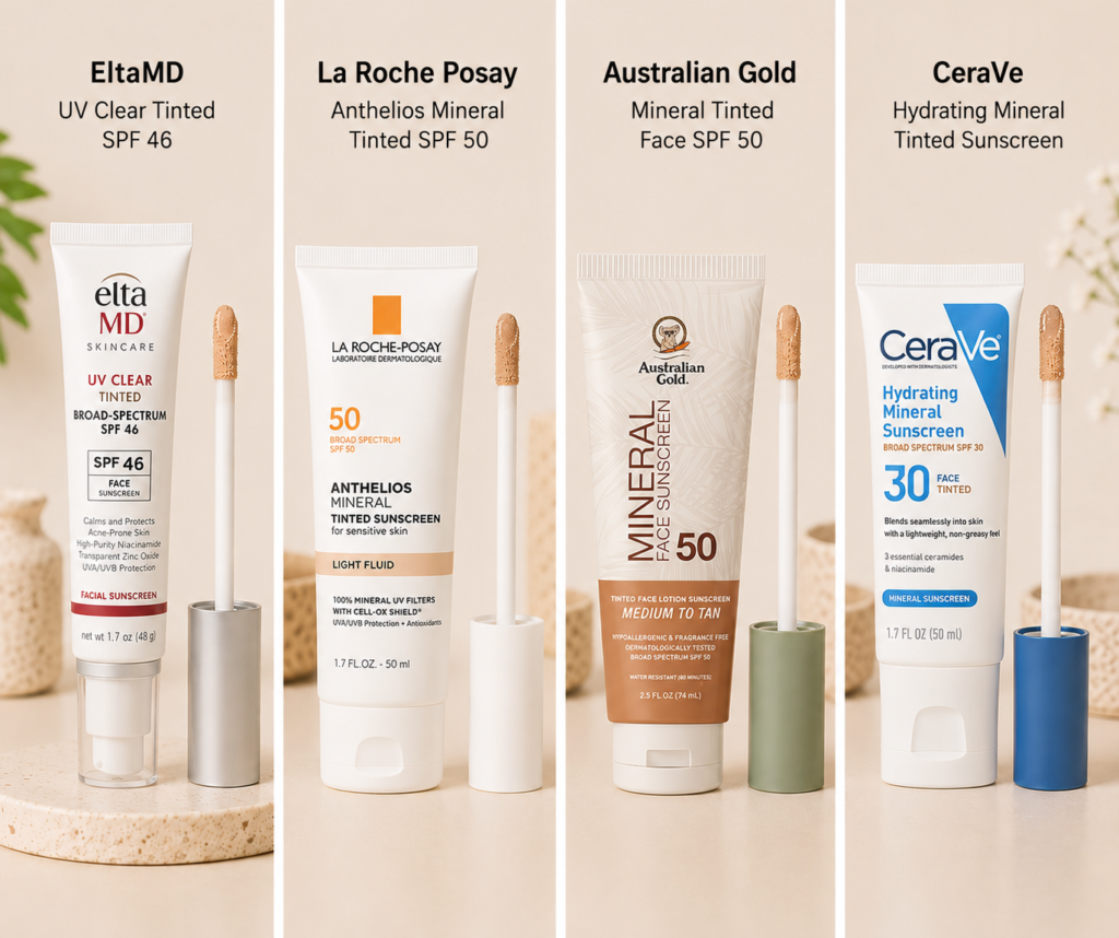 Comparison of the best tinted sunscreens featuring EltaMD UV Clear Tinted SPF 46, La Roche Posay Anthelios Mineral Tinted SPF 50, Australian Gold Botanical Tinted Face SPF 50, and CeraVe Hydrating Mineral Tinted Sunscreen displayed on a clean beige background with product names at the top.